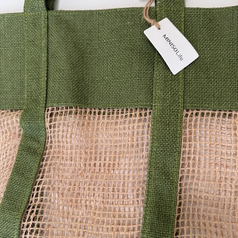 Miniso Large Jute Mesh Beach Tote Green Natural Market Shopper Carryall NWT Boho